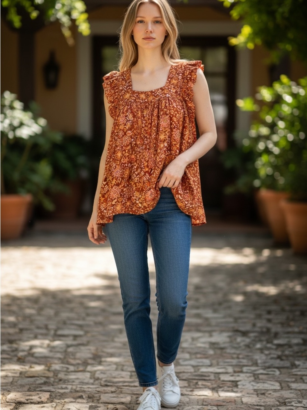 NWT Evereve Rust Floral Ruffle-Sleeve Square-Neck Tank